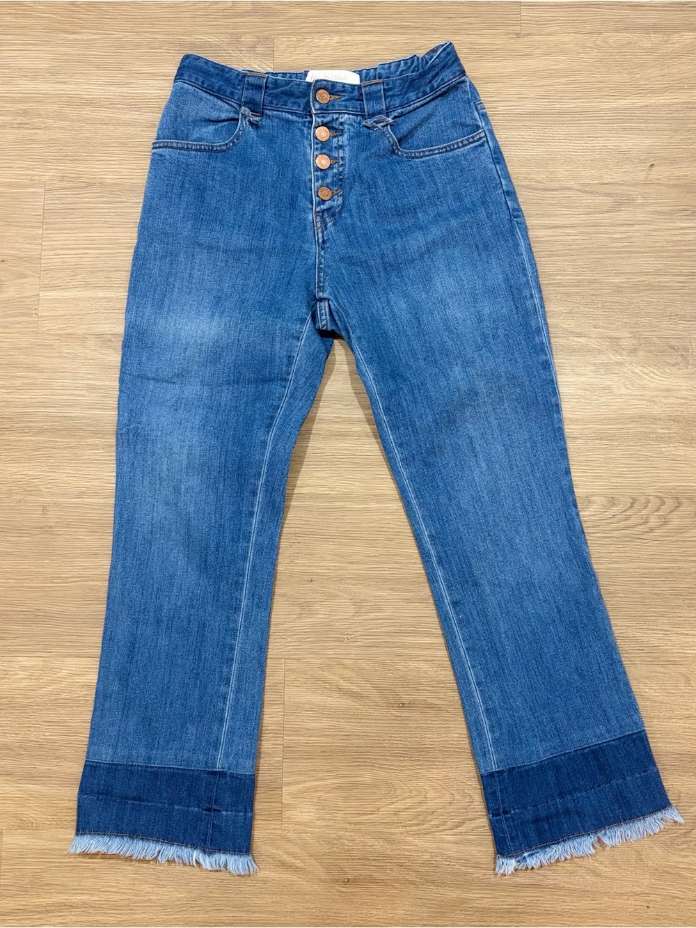 See By Chloé High-Rise Button Fly Released Raw Hem Cropped Kick Flare Jeans 27